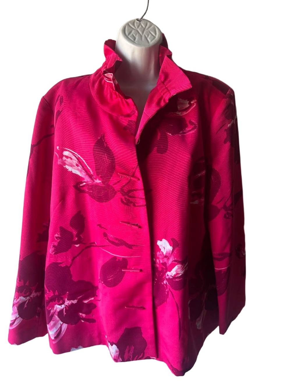 Dennis Basso Pink Floral Swing Jacket Lightweight Ruffled Stand Collar Women L